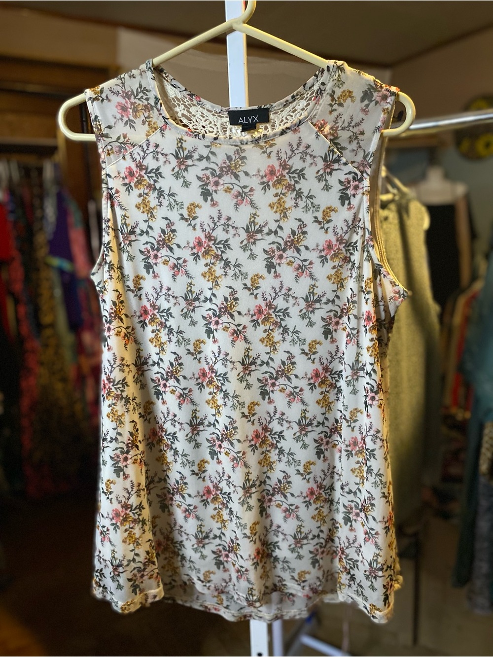 ALYX Cream Floral Sleeveless Blouse with Pink and Yellow Blooms and Lace Back